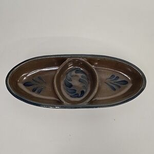 Rowe‎ Pottery Works Salt Glaze 3 part Snack Relish Tray Dish Artist Marked
